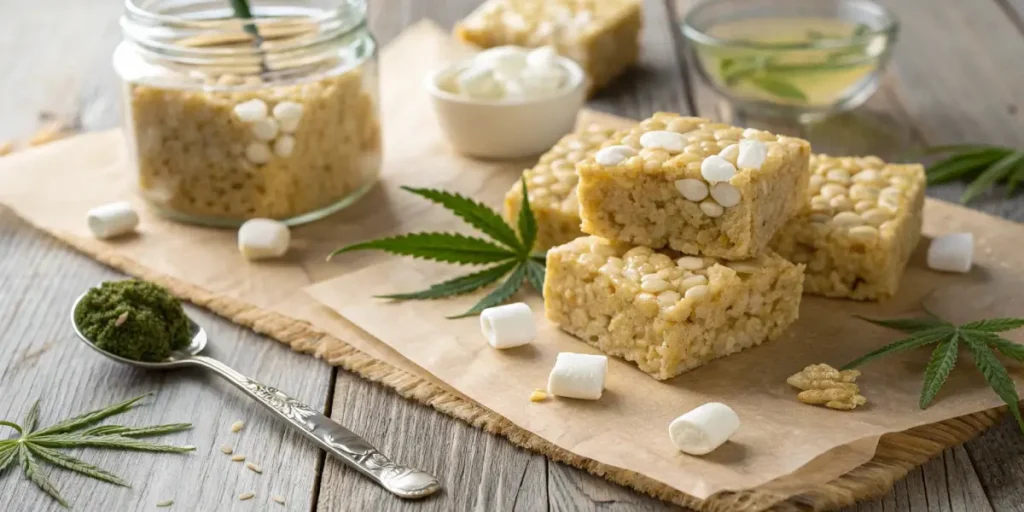 Cannabis edibles on parchment with hemp powder, marshmallows, and cannabis leaves.  