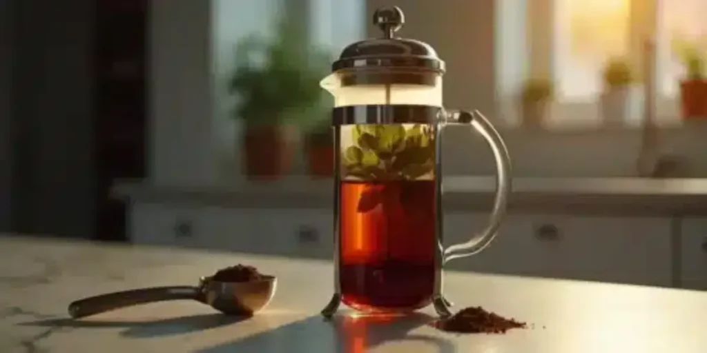 french press with cannabis-infused coffee and fresh herb on kitchen counter