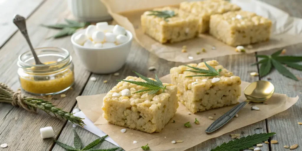 Cannabis marshmallow edibles topped with leaves on parchment over rustic wood table.