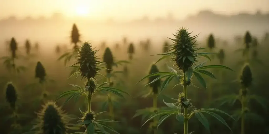 cannabis plants in an outdoor field with morning mist and soft sunlight