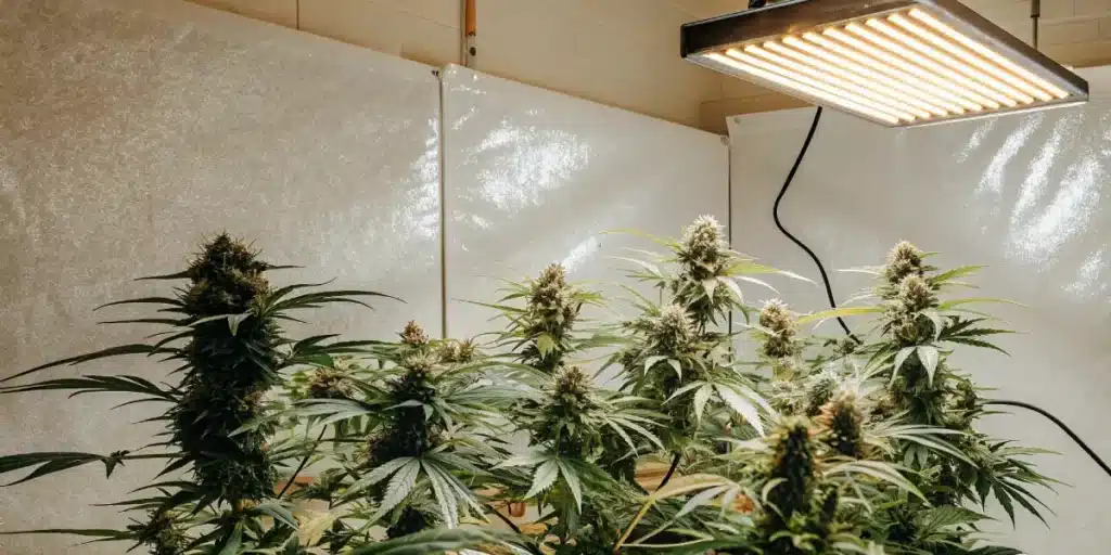 Cannabis plants flourishing under full-spectrum grow lights in an insulated indoor cultivation room.