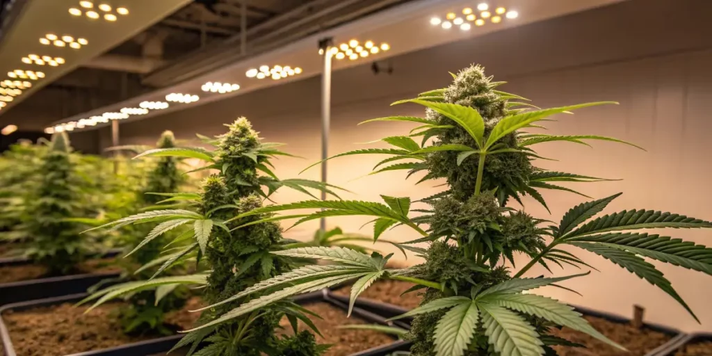 annabis plants growing under LED lights in an indoor cultivation facility.