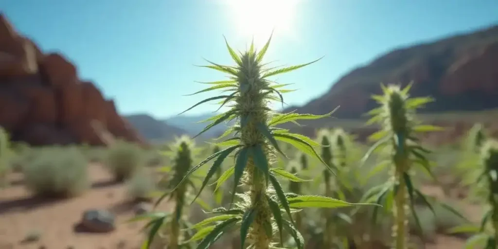 cannabis ruderalis plant thriving in a sunny desert landscape with rocky hills in the background