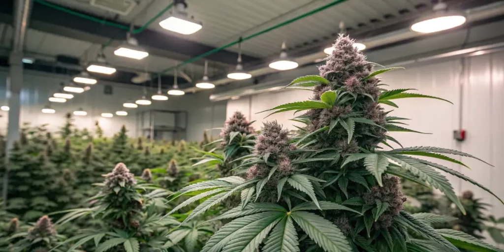 Cement Shoes cannabis strain with purple hues and dense trichome-rich buds in a modern indoor grow room.