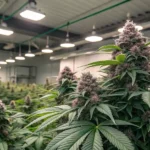 Cement Shoes cannabis strain with purple hues and dense trichome-rich buds in a modern indoor grow room.