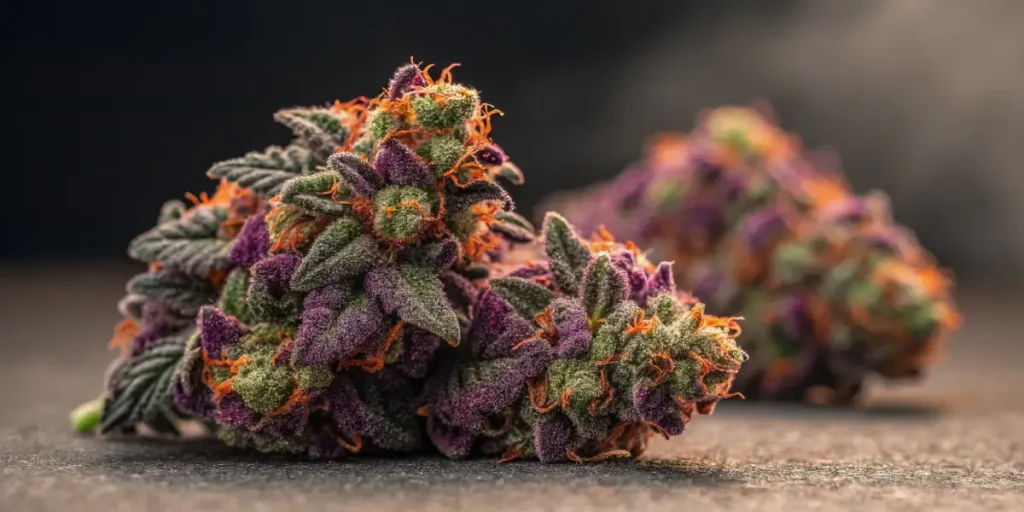Close-up of dense purple cannabis buds with orange hairs and trichomes.