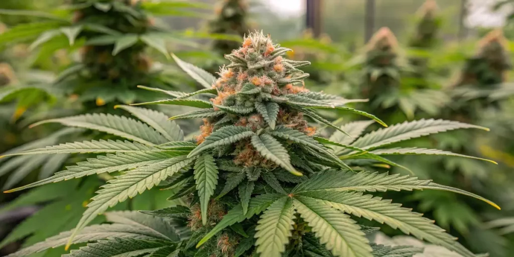 Close-up of Cookies x Benzinga cannabis plant with dense orange-haired buds.