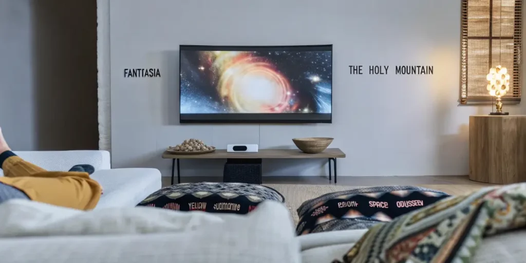 Cozy living room setup with psychedelic visuals on TV, perfect for a relaxing movie night.