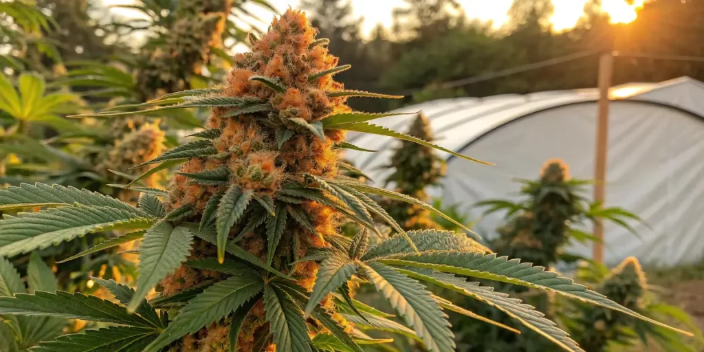 Orange cookies cannabis plant outdoors with dense, orange-hued buds at sunset.