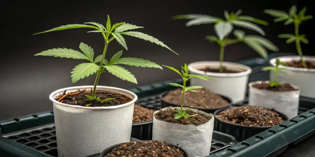 Young cannabis seedlings growing in small pots, showing early leaf development and healthy green color.