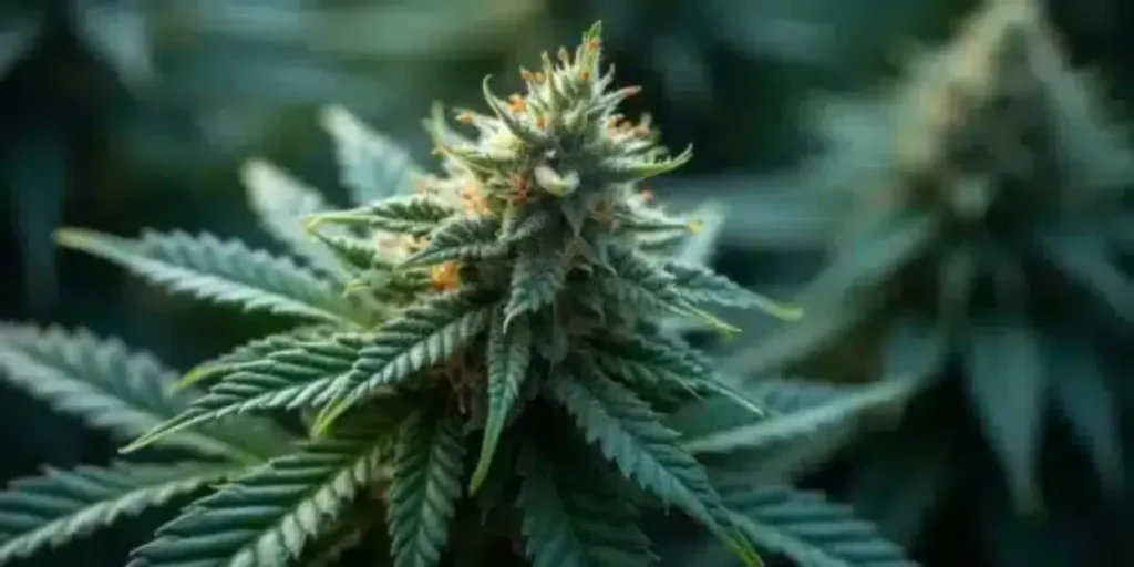 Close-up of a dark purple cannabis bud with visible trichomes and orange pistils.