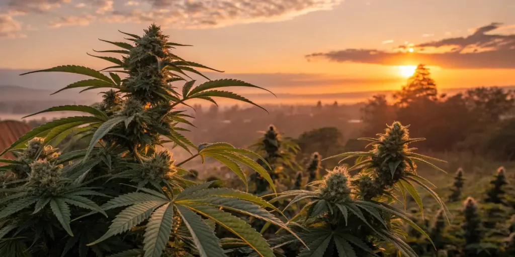 Cannabis field at sunrise with frosty buds and radiant golden light over the hills.
