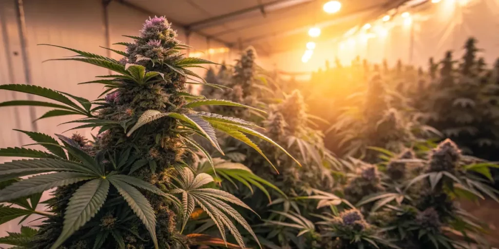 Flowering-phase cannabis plant close-up with dense buds under warm grow lights in an indoor cultivation room.