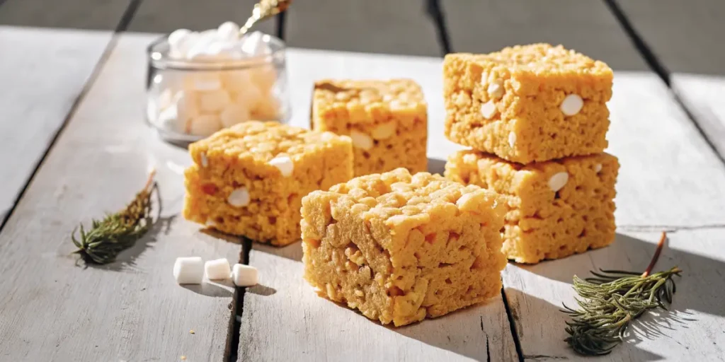 Golden cannabis rice treats with visible marshmallows on a white wooden surface.