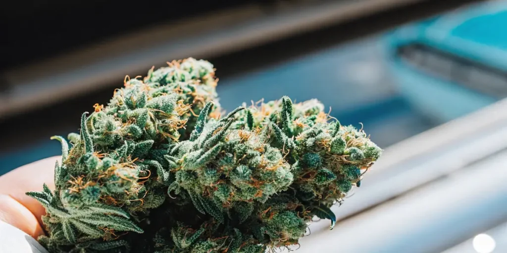 Hand holding freshly harvested Lemon OG cannabis buds with visible orange pistils.