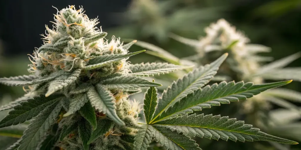 close-up of a healthy cannabis flower covered in frosty trichomes
