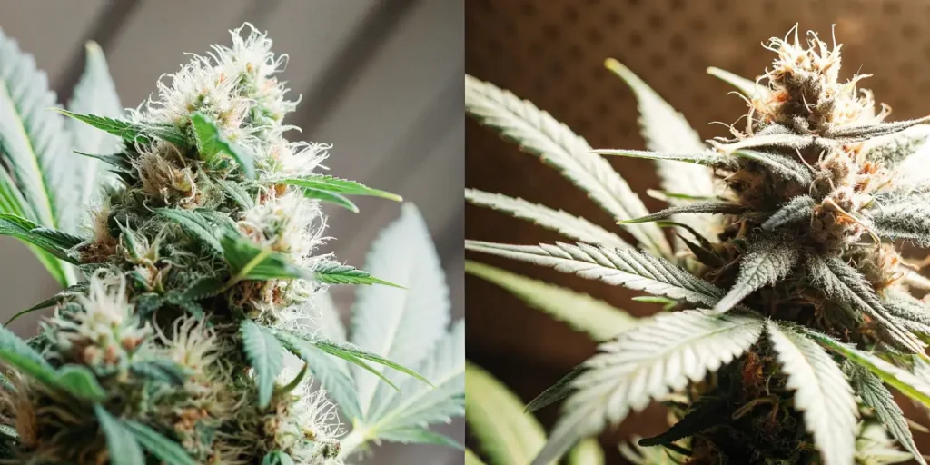 side-by-side comparison of healthy and moldy cannabis buds under different lighting