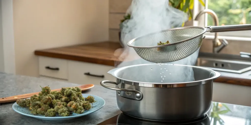 Cannabis buds suspended in a steaming metal strainer over a boiling pot.
