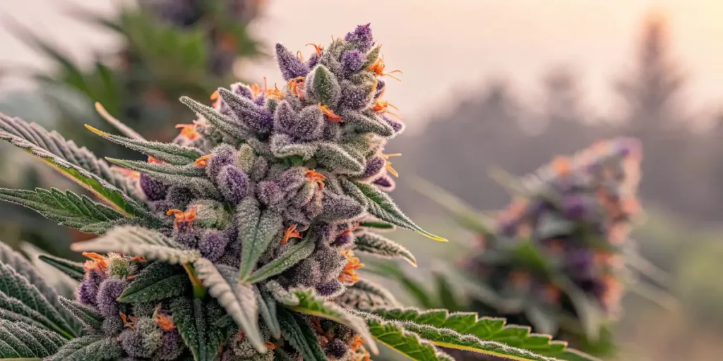 Dense Ice Cream Cake marijuana buds with purple hues and orange pistils in a frosty trichome-covered close-up.