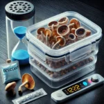 Fresh psilocybin mushrooms in a desiccant-sealed container, with temperature and humidity tools to maintain potency.