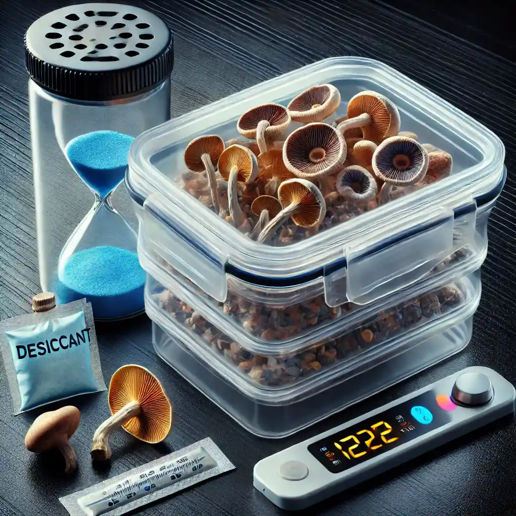 Fresh psilocybin mushrooms in a desiccant-sealed container, with temperature and humidity tools to maintain potency.