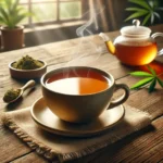 Steaming cup of Cannabis Tea on a rustic wooden table, surrounded by a teapot, hemp leaves, and ground cannabis, creating a calming ambiance.