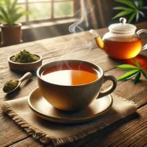 Steaming cup of Cannabis Tea on a rustic wooden table, surrounded by a teapot, hemp leaves, and ground cannabis, creating a calming ambiance.