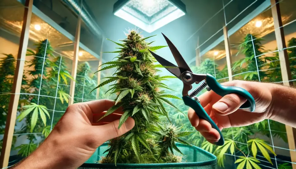 Hands carefully trimming pistils on a large cannabis cola in a controlled indoor grow room, aiming to revert the plant back to the vegetative stage.