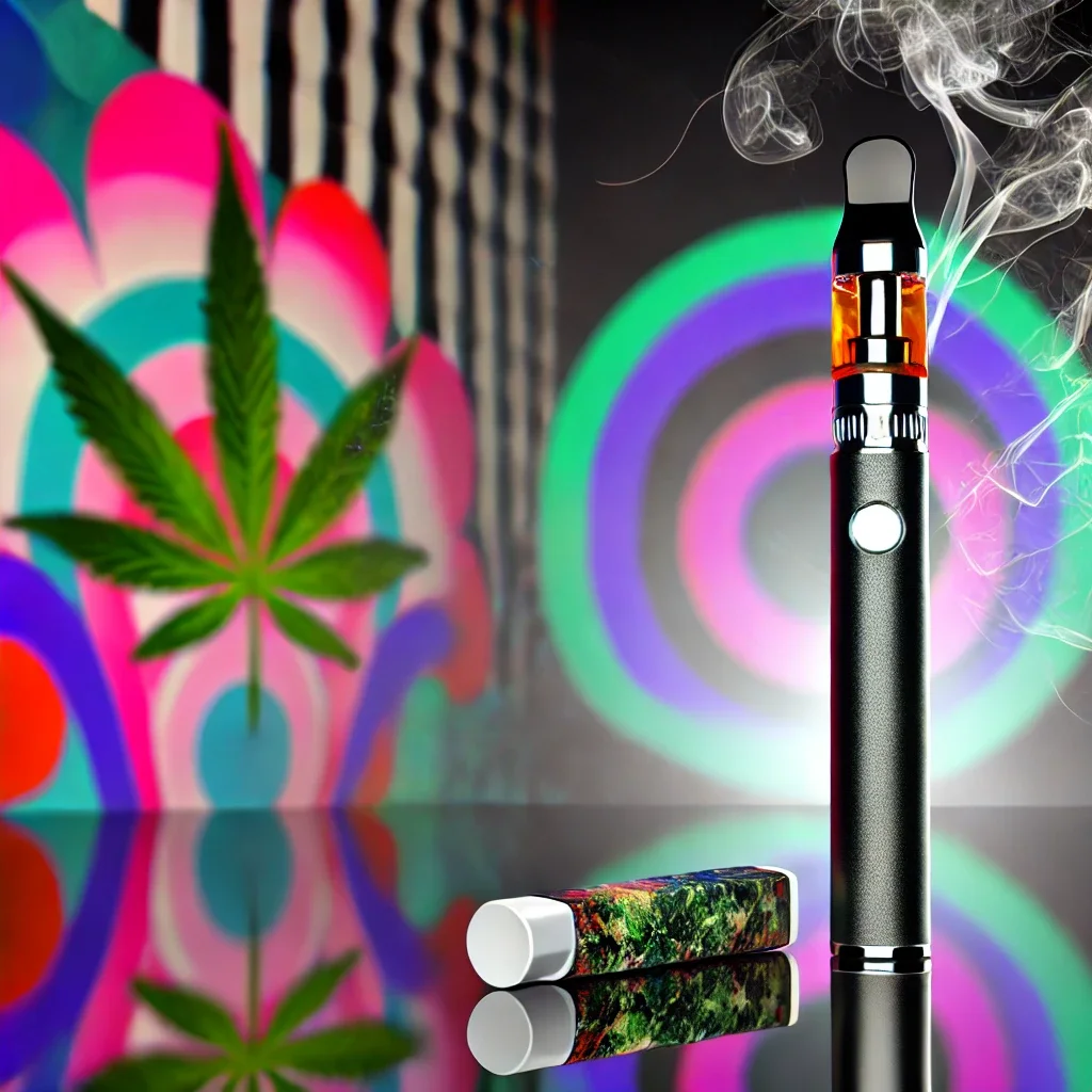 Vape pen emitting smoke with a cannabis leaf and psychedelic colors in the background, illustrating kart smoking in a vibrant setting.