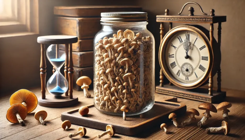 Large glass jar of dried magic mushrooms with an antique clock and hourglass, representing the shelf life of magic mushrooms.
