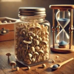 Square glass jar filled with small dried magic mushrooms, placed next to an hourglass and a wooden spoon.