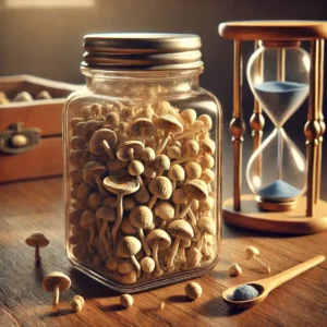 Square glass jar filled with small dried magic mushrooms, placed next to an hourglass and a wooden spoon.