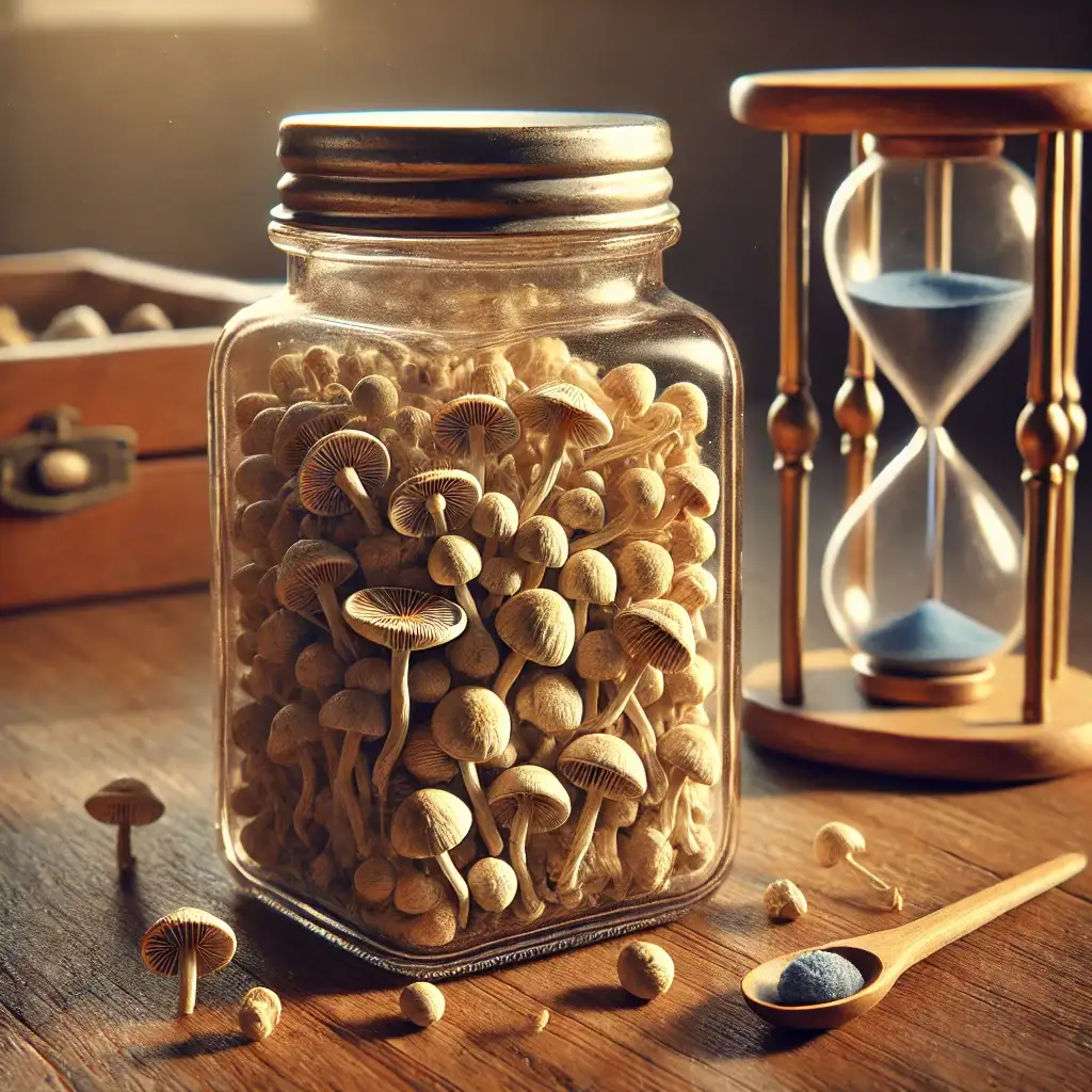 Square glass jar filled with small dried magic mushrooms, placed next to an hourglass and a wooden spoon.