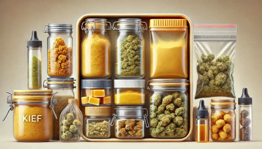 Collection of kief, cannabis, and concentrates stored in jars, illustrating storage practices and whether kief expires over time.
