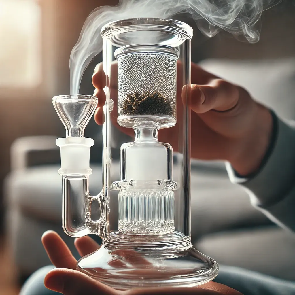 Glass ash catcher being used to smooth out hits, enhancing smoking experience.