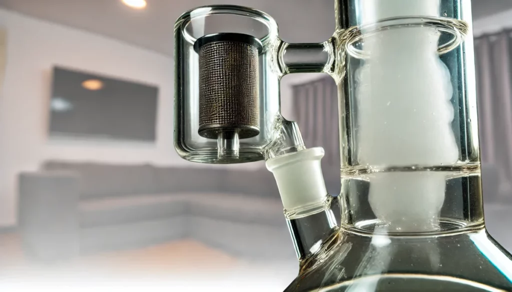 Close-up of a glass ash catcher in action, designed to smooth out hits for a cleaner smoke.