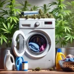 Washing machine surrounded by cannabis plants and cleaning products, illustrating methods to get weed smell out of clothes.