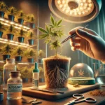 Autoflower clone in a lab setting, with roots visible in a glass container, as a gloved hand carefully examines the plant under bright lights.