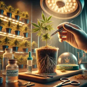 Autoflower clone in a lab setting, with roots visible in a glass container, as a gloved hand carefully examines the plant under bright lights.