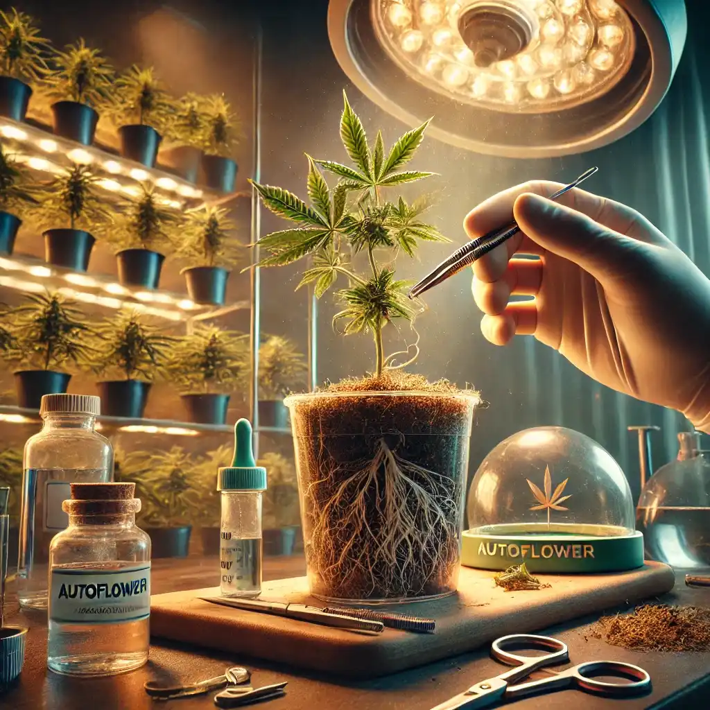 Autoflower clone in a lab setting, with roots visible in a glass container, as a gloved hand carefully examines the plant under bright lights.
