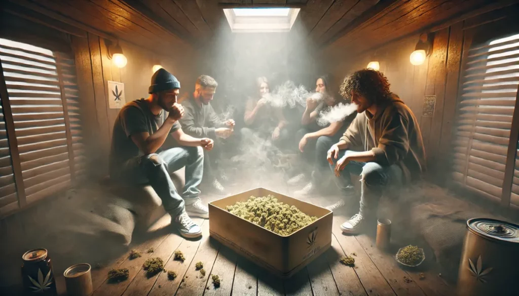 People gathered in a small wooden room, surrounded by dense smoke and cannabis, perfectly illustrating a classic hotboxing session.
