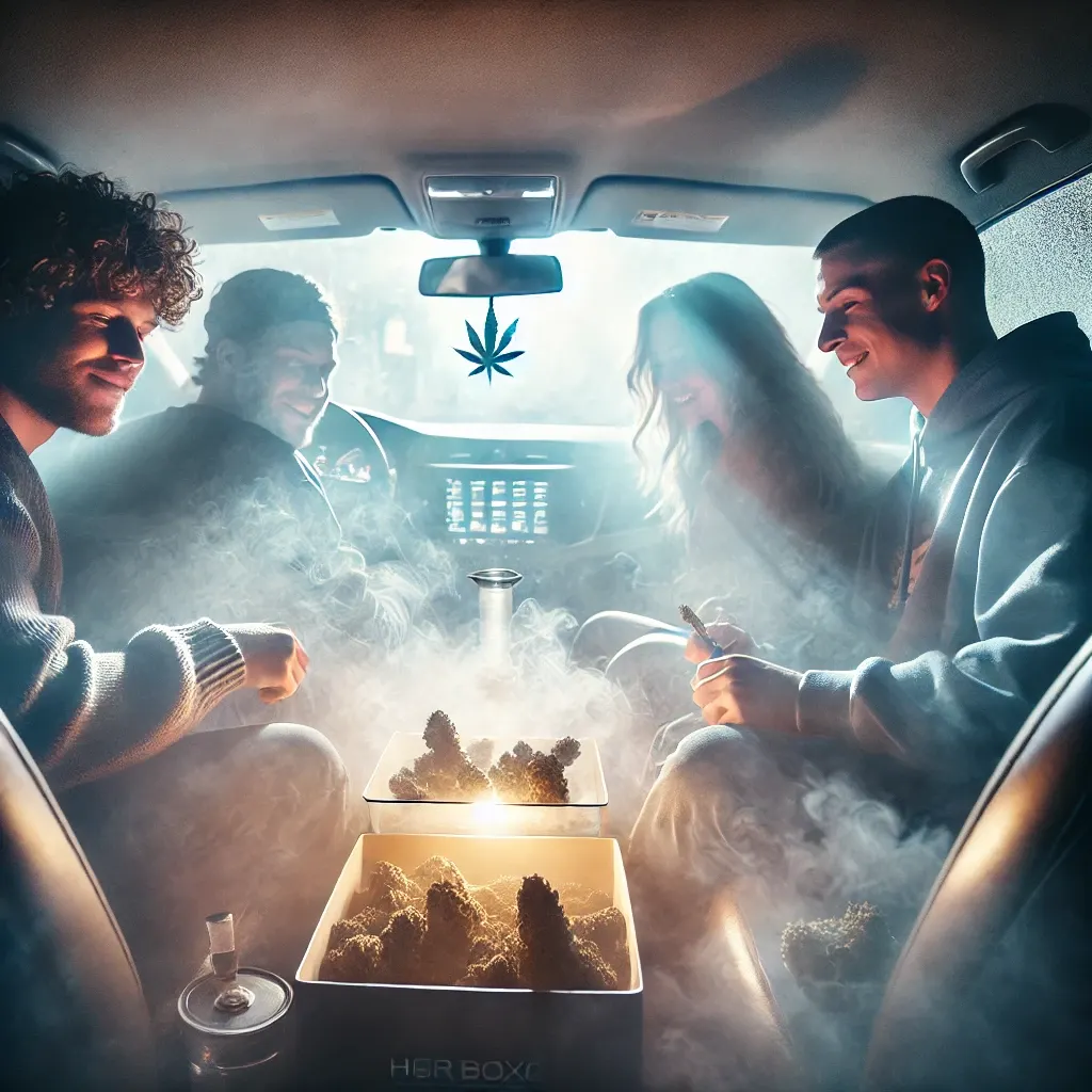 Group of friends in a smoke-filled car, enjoying cannabis in a relaxed atmosphere, capturing the essence of hotboxing.