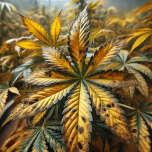 Cannabis leaf displaying brown spots and yellowing, indicating nutrient deficiencies or environmental stress.