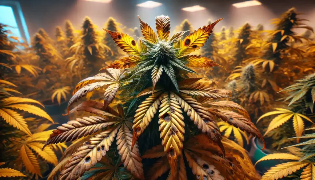 Cannabis plant with widespread yellowing and brown spots on its leaves, growing under bright indoor lights, highlighting common nutrient issues.