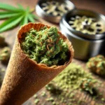Hemp cone filled with ground cannabis next to a grinder, illustrating one of the best hemp cones for weed preparation.