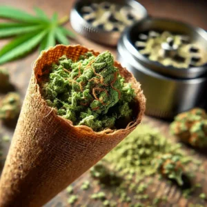Hemp cone filled with ground cannabis next to a grinder, illustrating one of the best hemp cones for weed preparation.