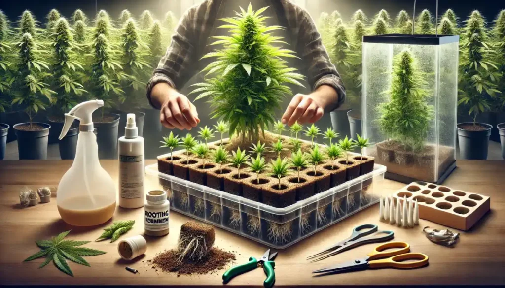 Cannabis cloning station with small seedlings, root gel, and trimming tools.