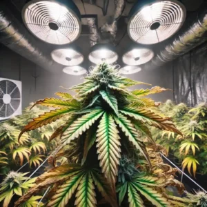 Cannabis plant under intense LED lights, with yellowing and burnt leaf tips, illustrating the need for proper cannabis light burn tips.