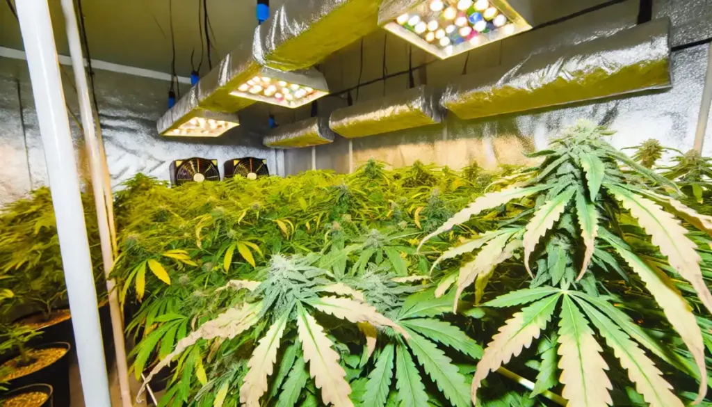 Indoor cannabis grow room with multiple plants showing light stress signs, emphasizing the importance of managing light distance and intensity.