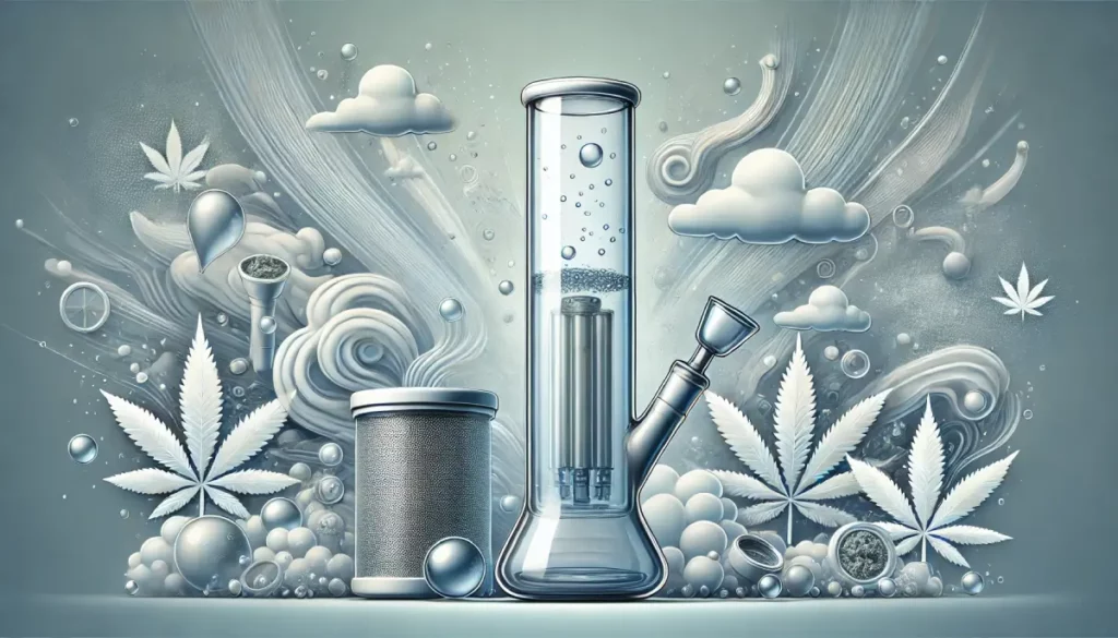Glass bong with water, cannabis leaves, and abstract clouds, illustrating ideal water usage for bongs in an artistic style.
